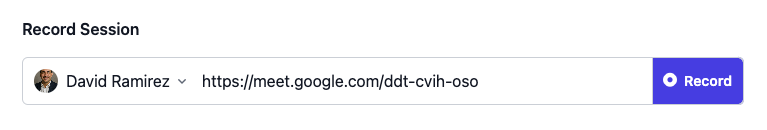 Home screen showing client dropdown with avatars for instant session recording