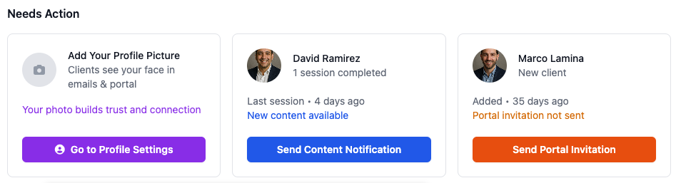 Needs Action section showing urgent items requiring coach attention