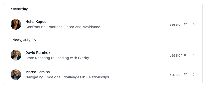 Recent sessions list with one-click actions for common post-session tasks