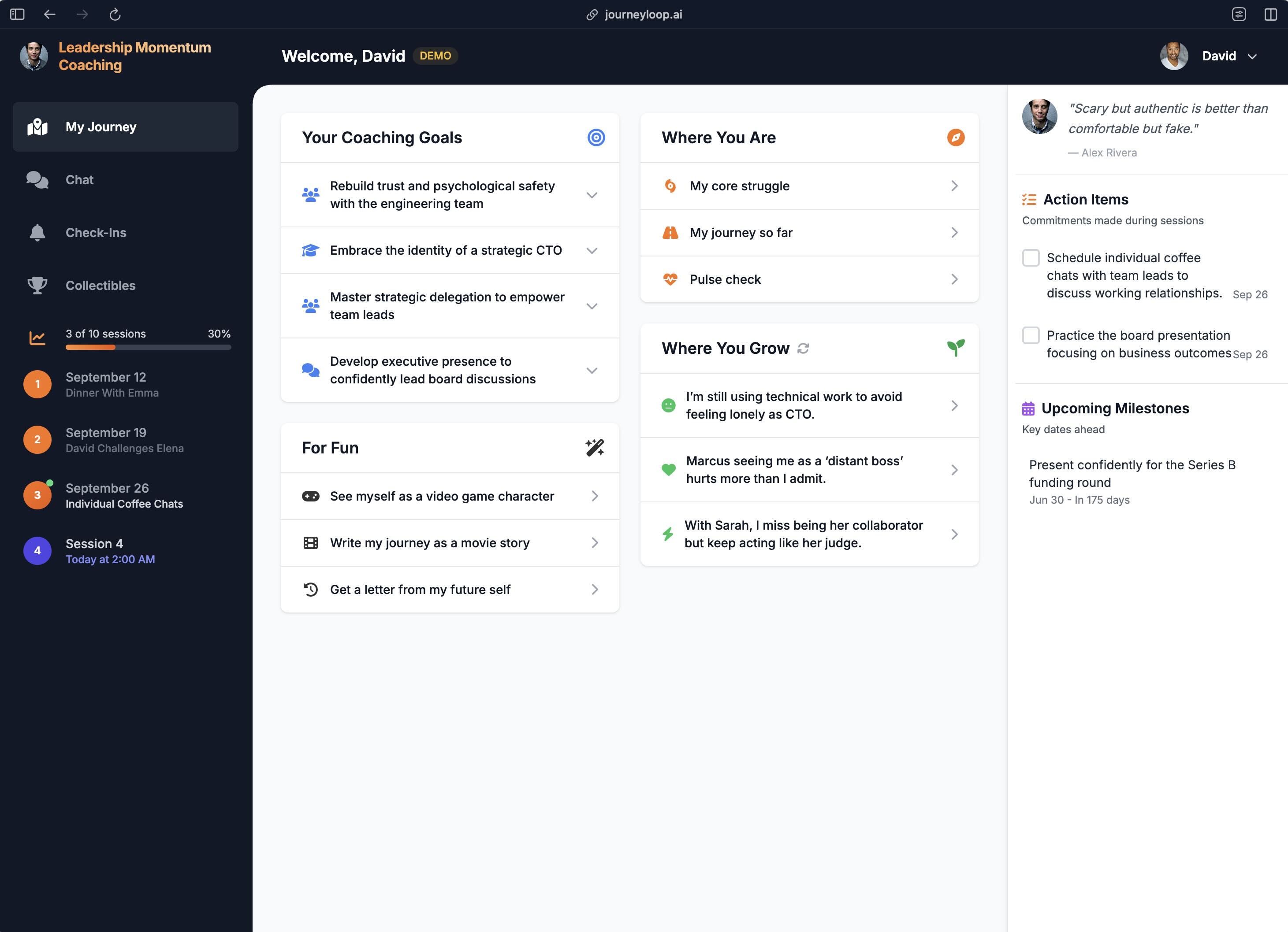 Client portal dashboard with coaching goals, conversation starters, and growth prompts